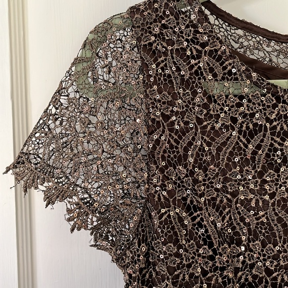 Marina chocolate brown sequined lined laced sheath dress short sleeve size 10 - Picture 5 of 6